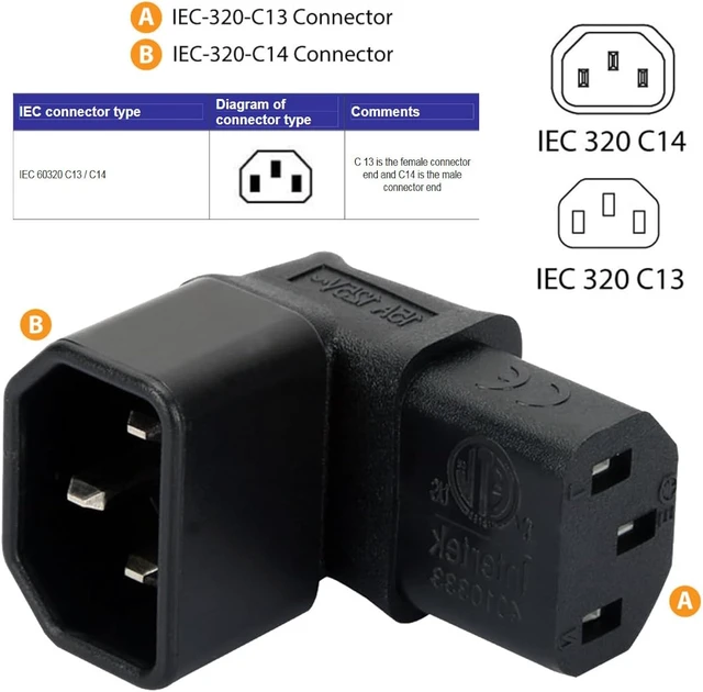 Alt view image 2 of 7 - chenyang 2 Pack IEC 320 C14 Male to C13 Female 90 Degree Angled Power Extension Connector Adapter 10A 250V for Monitor/Computer/PDU Chassis/Printer