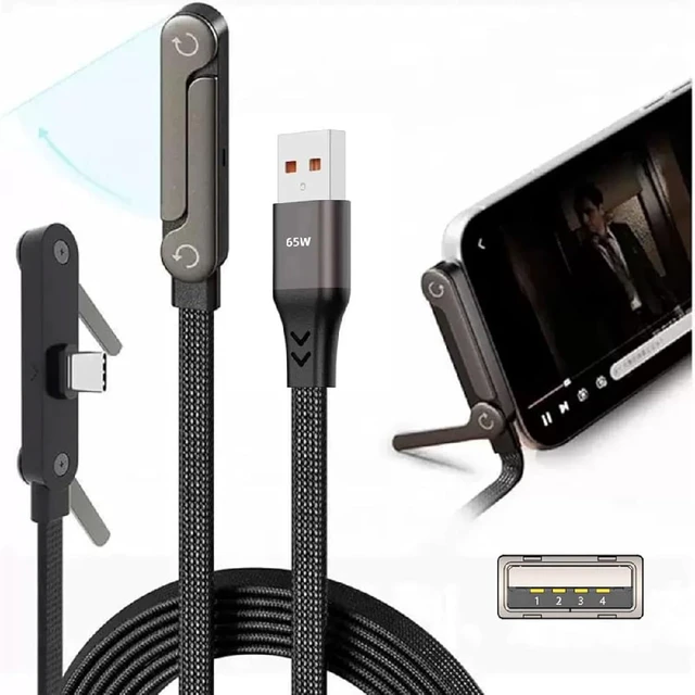 Alt view image 2 of 7 - cablecc 65W USB-C Type-A Foldable Fast Charging Cable Type-C with Built-in Phone Stand Dual Holder Durable Charger Bracket Male to Male 150CM