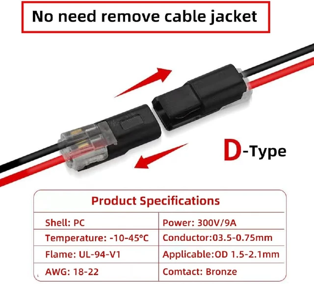 Alt view image 5 of 7 - cablecc 10PCS D2 Solderless Pluggable Quick Connect Terminal Dual Wire Plug Connector with Locking Buckle Compatible with Led Light Strip Connectors 2Pin 18-22AWG