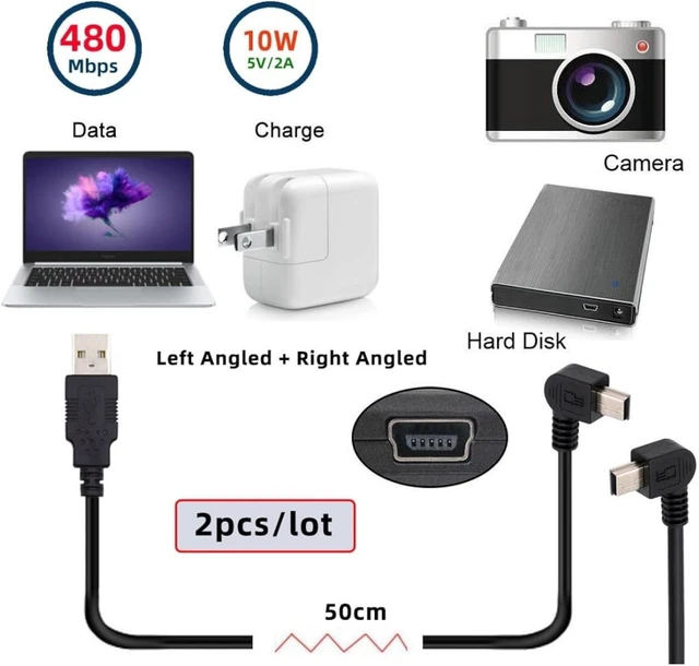 Alt view image 5 of 7 - chenyang 2 Pack Mini USB Cable,USB 2.0 Male to Mini USB 5 Pin Male 90 Degree Left/Right Angled Charging Data Transfer Extension Cable Black 1.64FT/0.5M