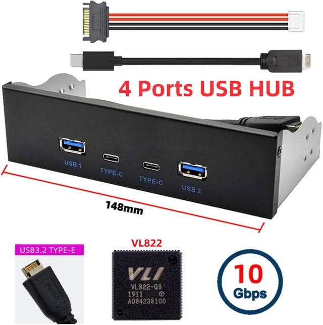 Alt view image 3 of 7 - ChenYang 4 Ports USB 3.1 Type E Front Panel Header to 2 USB 3.0 2 USB C Hub Port Multiplier Adapter with SATA Power Cable for 5.25 Inch Optical Drive Bay Panel