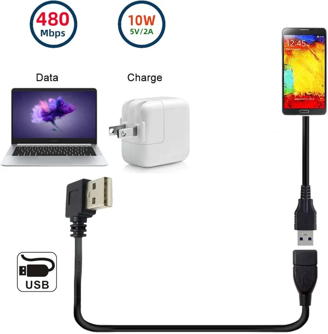 Alt view image 3 of 7 - cablecc Type USB 2.0 Type-A Male Right Angled to USB Female 90 Degree Type Extension Cable 10cm