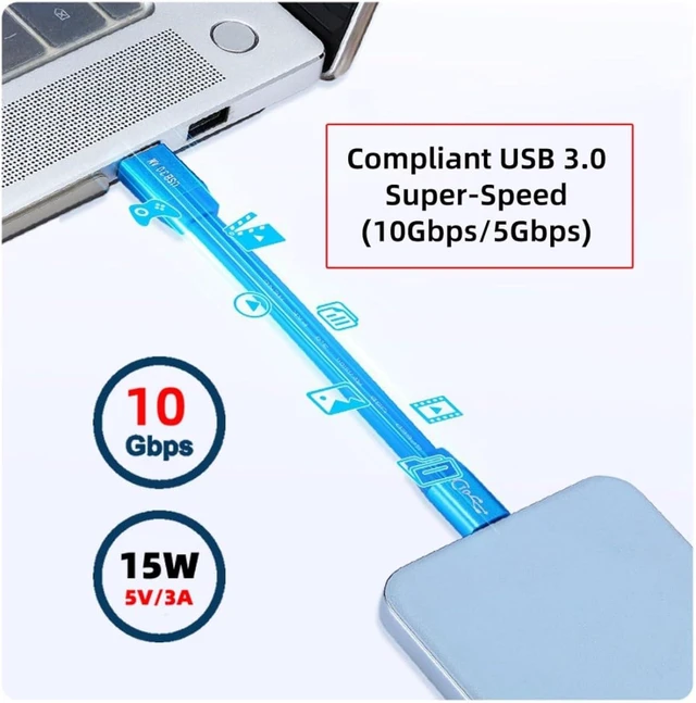 Alt view image 3 of 7 - chenyang USB C Flat Cable, USB 3.0 Male to USB C Male PD 15W Fast Charge 10Gbps Data Transfer Extension Cable 3.28FT/1.0M