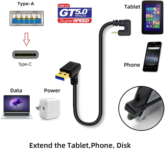 Alt view image 2 of 7 - cablecc 5Gbps USB3.0 Type-A Down Angled to USB-C Type C Power Data Cable Male to Male USB-C Opposite U Shape Back Angled