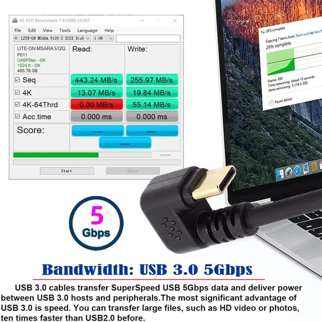 Alt view image 3 of 7 - cablecc 5Gbps USB3.0 Type-A Down Angled to USB-C Type C Power Data Cable Male to Male USB-C Opposite U Shape Back Angled