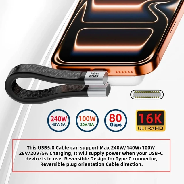 Alt view image 3 of 7 - chenyang 5.12 Inch USB C Short Flat Cable,Dual 90 Degree Angled Support PD 240W/80Gbps/16K@30Hz Video/OTG Compatible with Thunderbolt3/4