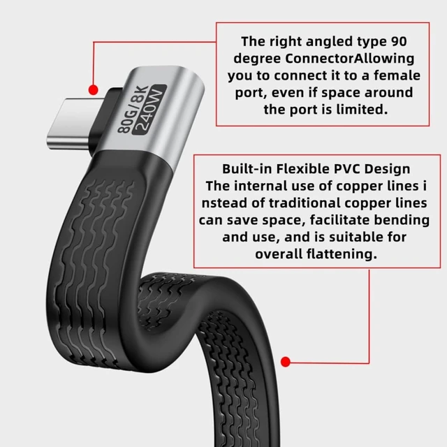 Alt view image 7 of 7 - chenyang 5.12 Inch USB C Short Flat Cable,Dual 90 Degree Angled Support PD 240W/80Gbps/16K@30Hz Video/OTG Compatible with Thunderbolt3/4