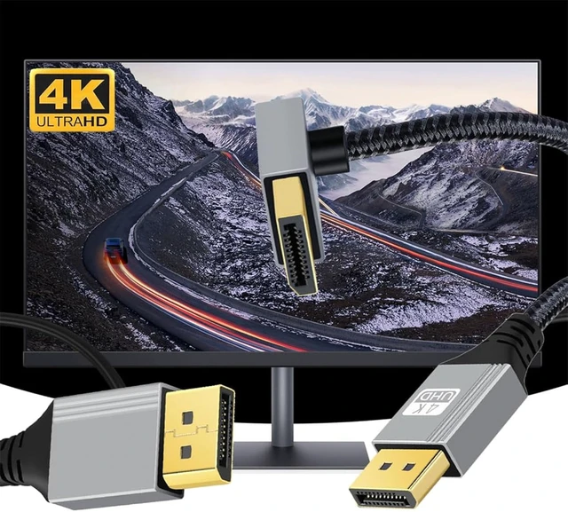 Alt view image 7 of 7 - cablecc 4K 60hz DisplayPort DP to DP Ultra-HD UHD Cable 32.4Gbps high-Speed Up Angled Silver Sleeve 1.0M