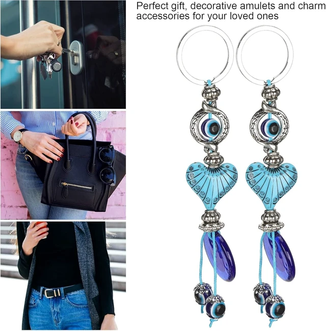 Alt view image 2 of 3 - LICAEVEY Eye Keychain, Turkish Amulet Keyring with Heart Charm, Blue Evil Eye Pendant for Protection, Alloy Colored Glass Bead Keychain for Car Home Office, Friendship Gift Set of 2