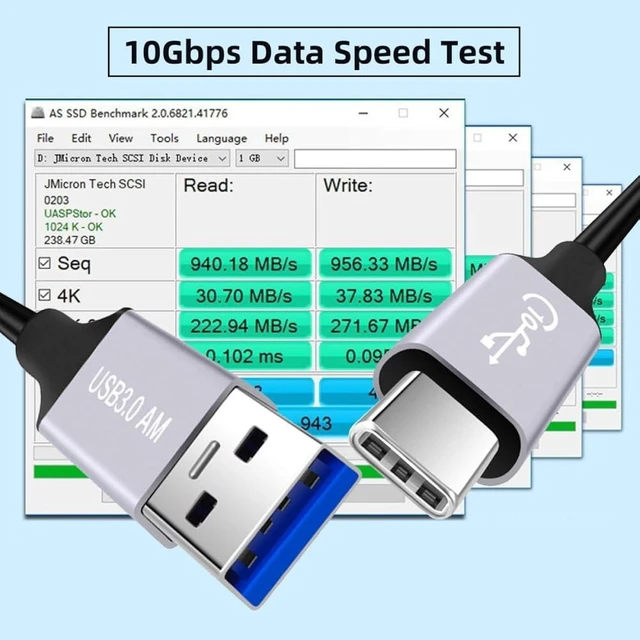 Alt view image 3 of 7 - cablecc 10Gbps 5V3A USB3.0 Type A Male to USB 3.1 Type C Male Data Power Cable for Laptop Phone Disk 100cm