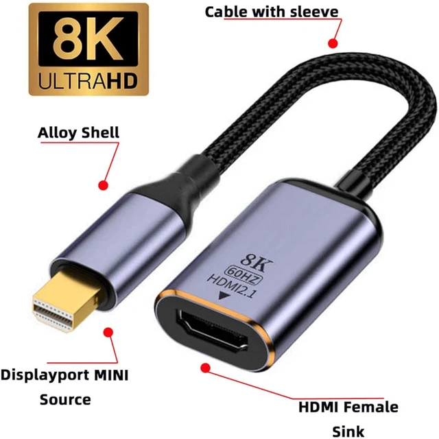 Alt view image 2 of 7 - cablecc Mini DisplayPort 1.4 Source to HDMI 2.0 Display 8K 60hz UHD 4K MINI-DP to HDMI Male Monitor Adapter Cable