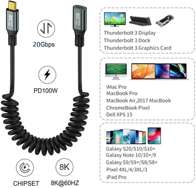 Alt view image 2 of 7 - cablecc 20Gbps 100W USB4 Stretch Coiled USB-C Cable 8K Type-C Male to Female Cable Power & Data for Laptop Keyboard Tablet 180cm After Stretch(Straight)
