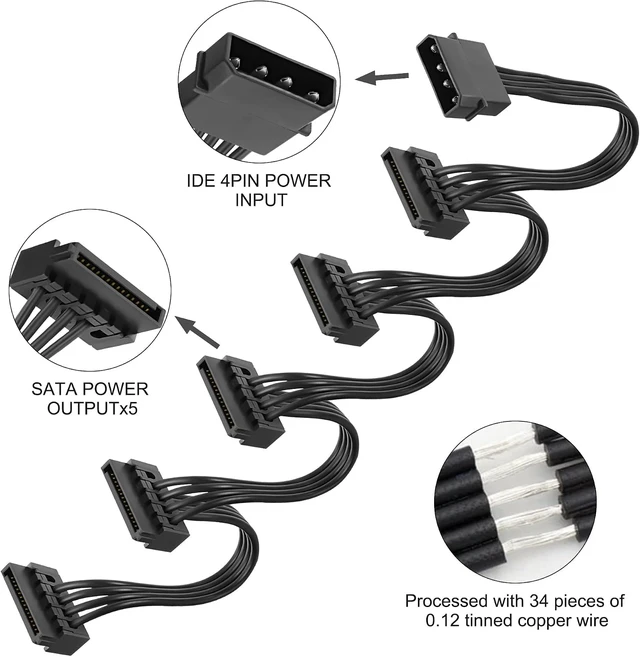 Alt view image 4 of 7 - XMSJSIY 4 Pin IDE Male to 5x15 Pin SATA Female Splitter Power Cable