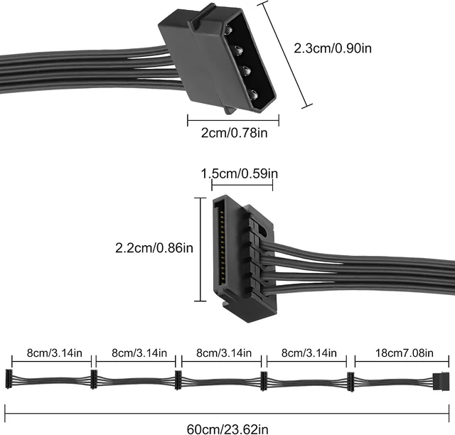Alt view image 2 of 7 - XMSJSIY 4 Pin IDE Male to 5x15 Pin SATA Female Splitter Power Cable
