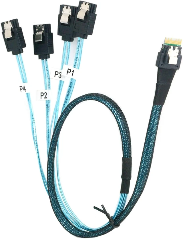 Alt view image 7 of 7 - cablecc Slim Line SAS 4.0 SFF-8654 4i 38pin Host to 4 SATA 7pin Target Hard Disk Fanout Raid Cable 50cm