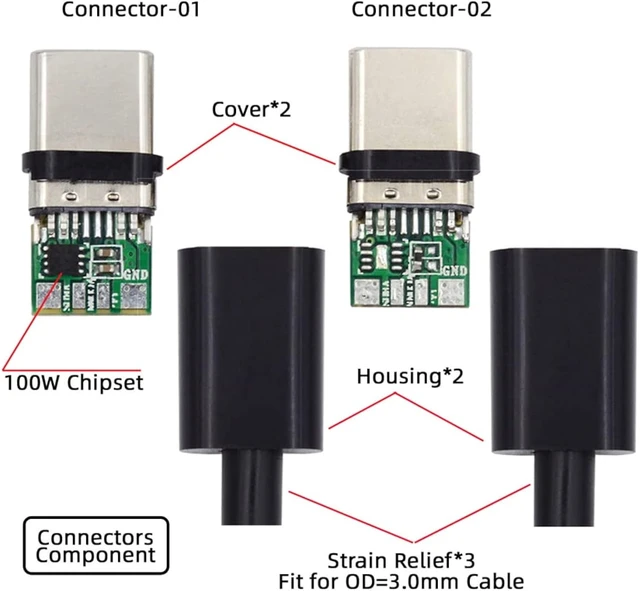 Alt view image 6 of 7 - cablecc DIY OEM 2sets/lot 24pin Connector Plug USB Type C USB-C Male to USB-C Male 100W PD USB2.0 Data with Housing Cover