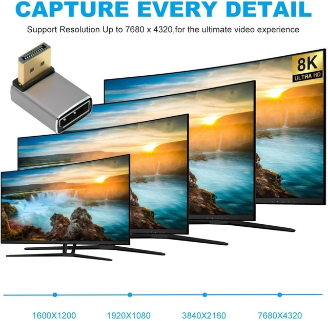 Alt view image 4 of 7 - chenyang 8K DisplayPort 1.4 Adapter, DisplayPort Male to Female 8K@60Hz 32.4Gbps High Speed Gold Plated 90 Degree UP Angled Extension Adapter
