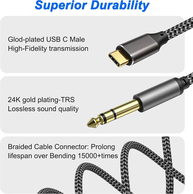 Alt view image 4 of 7 - XMSJSIY USB Type-C to 6.35mm TRS Stereo Audio Cable -2M/6.5FT