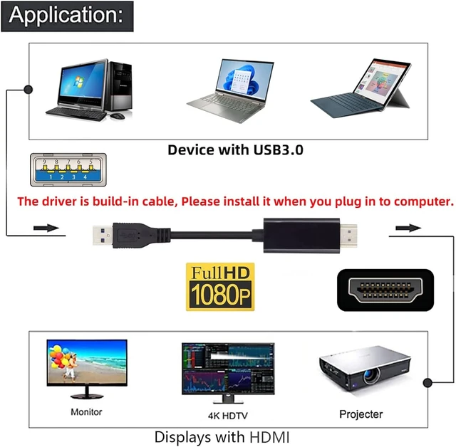 Alt view image 2 of 7 - cablecc USB 3.0 Source HDMI Sink Converter USB3.0 Male to HDMI Male Cable for Desktop Laptop PC 1080P Adapter 1.8m Projector Video Monitor Cable