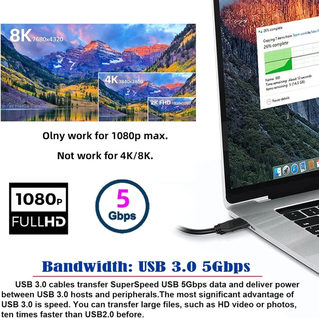 Alt view image 7 of 7 - cablecc USB 3.0 Source HDMI Sink Converter USB3.0 Male to HDMI Male Cable for Desktop Laptop PC 1080P Adapter 1.8m Projector Video Monitor Cable