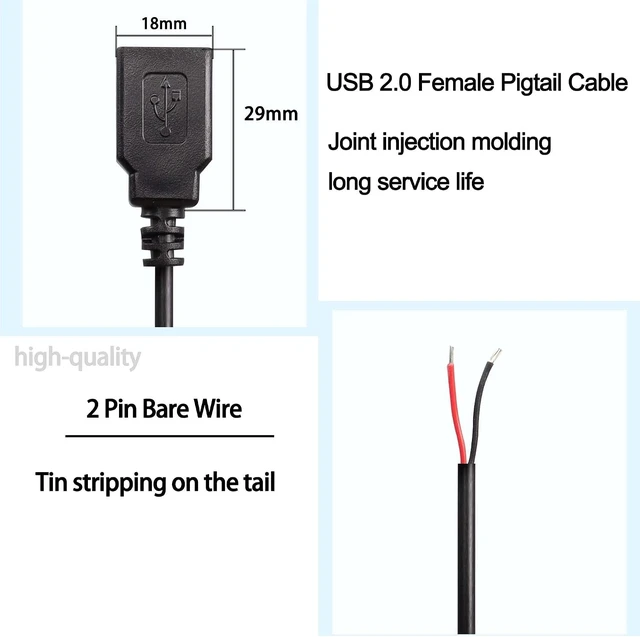 Alt view image 2 of 7 - USB 2.0 Female Pigtail Cable Extension Power Cable 22AWG 5V 3A -2 Pcs(0.3M)
