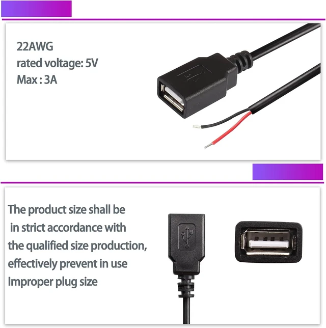 Alt view image 4 of 7 - USB 2.0 Female Pigtail Cable Extension Power Cable 22AWG 5V 3A -2 Pcs(0.3M)