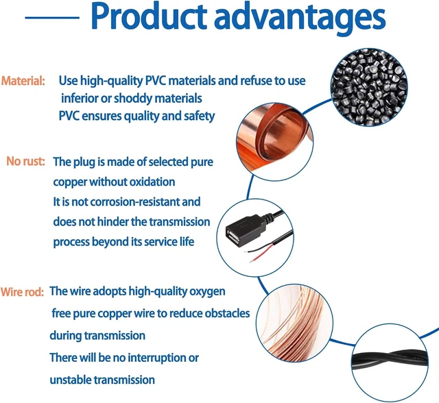 Alt view image 5 of 7 - USB 2.0 Female Pigtail Cable Extension Power Cable 22AWG 5V 3A -2 Pcs(0.3M)