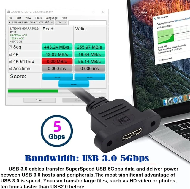 Alt view image 4 of 7 - cablecc 5Gbps USB 3.0 Type A Male to Micro USB 3.0 Female Type-B Screw Mount Type Extension Cable 50CM