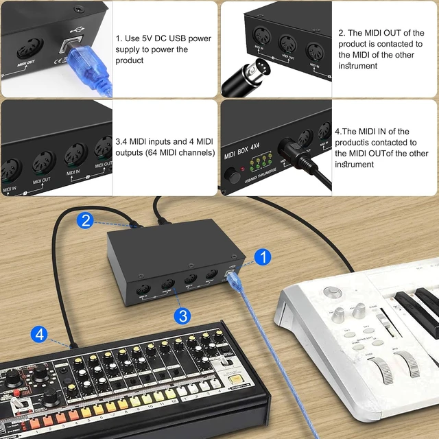 Alt view image 5 of 7 - XMSJSIY USB MIDI Interface Box 4 In 4 Out 64 Channel MIDI Thru Box