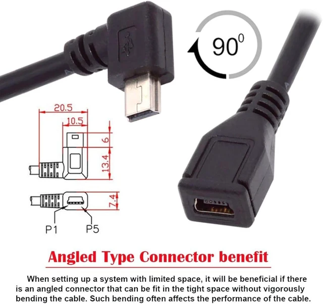 Alt view image 5 of 7 - chenyang Mini USB Extension Cable, USB 2.0 Mini USB 5Pin Male to Female 90 Degree Left Angled Power Charging Data Transfer Extension Cable Adapter 0.98ft for Dash Cam/GPS/Microphone