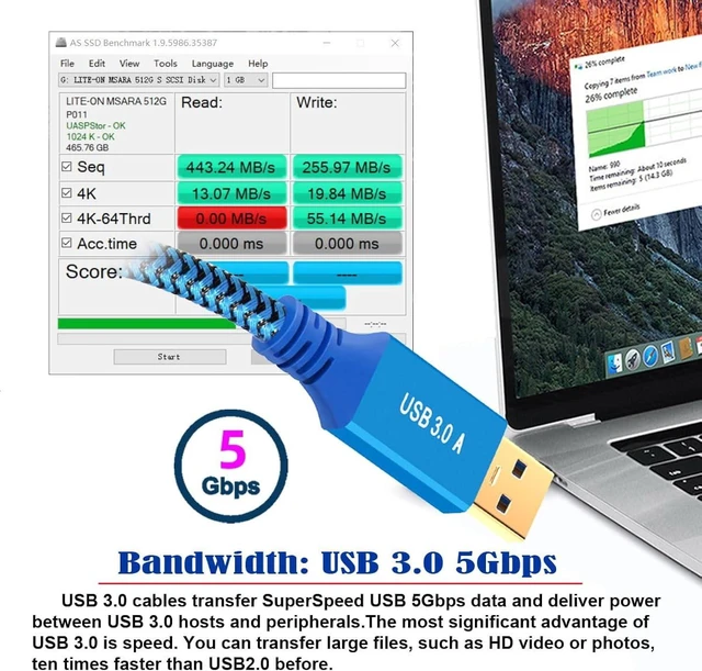 Alt view image 7 of 7 - chenyang USB 3.0 Cable USB 3.0 Type-A Male to Female Extension Data Cable 5Gbps Blue Nylon Braided 0.6M