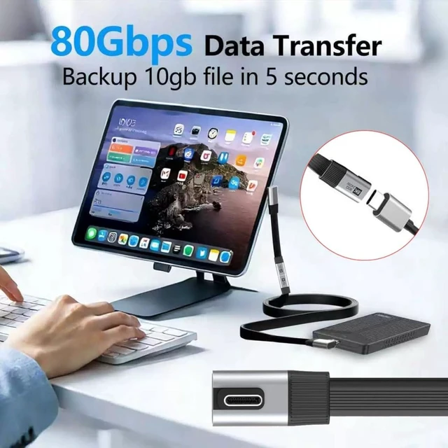 Alt view image 4 of 7 - chenyang 7.87 Inch USB C Short Flat Extension Cable Support PD 240W/80Gbps/8K@60Hz Video/OTG Compatible with Thunderbolt3/4 90 Degree Low Angled
