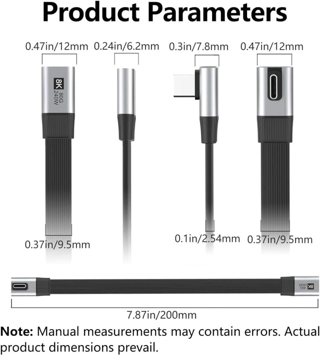 Alt view image 7 of 7 - chenyang 7.87 Inch USB C Short Flat Extension Cable Support PD 240W/80Gbps/8K@60Hz Video/OTG Compatible with Thunderbolt3/4 90 Degree Low Angled