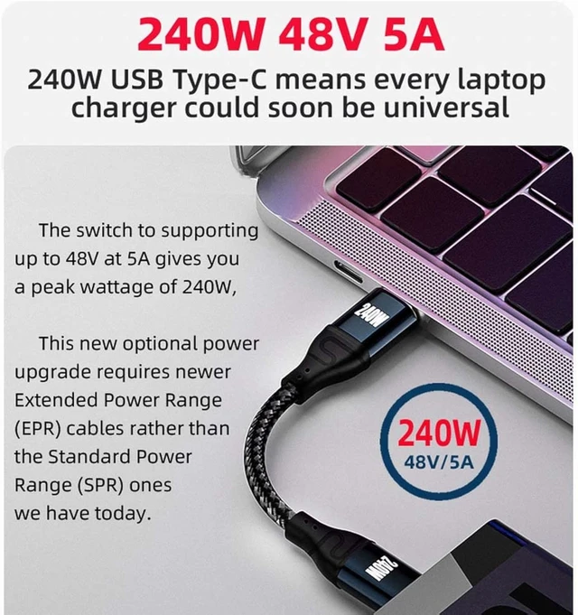 Alt view image 3 of 7 - cablecc USB-C 240W 480Mbps 48V 5A Type-C Cable Compatible with USB2.0 100W Charging Low Profile Angled 90 Degree for Laptop Tablet 100cm