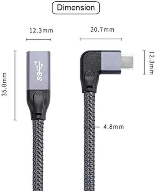 Alt view image 4 of 7 - cablecc Left Right Angled USB-C USB 3.1 Type C Male to Female Extension Data Cable with Sleeve for Laptop