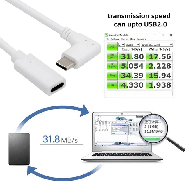 Alt view image 2 of 7 - cablecc 65W Fast Charge USB-C Extension Power Male to Female USB2.0 Data Cable 90 Degree Left Right Angled for Laptop Tablet Phone 17cm