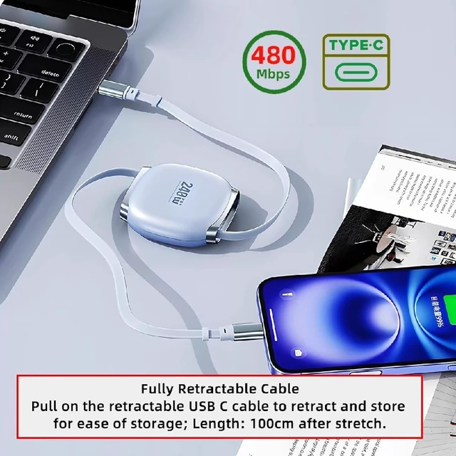 Alt view image 5 of 7 - cablecc 240W USB-C Cable Retractable Stretch Coiled 480Mbps for Laptop Phone Tablet Type-C Male to Male Cable Power & Data Black