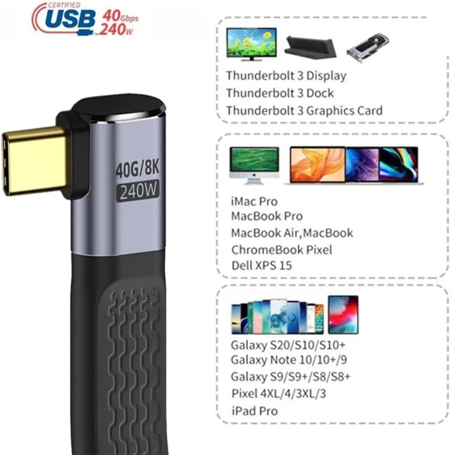 Alt view image 4 of 7 - cablecc USB4 40Gbps Extension Cable Slim Flat Male to Female with 240W Power and 8K@60Hz Video Right Angled 13cm