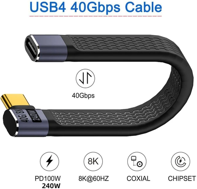 Alt view image 5 of 7 - cablecc USB4 40Gbps Extension Cable Slim Flat Male to Female with 240W Power and 8K@60Hz Video Right Angled 13cm
