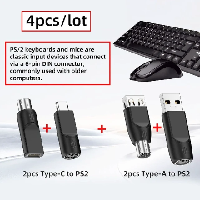 Alt view image 2 of 7 - Cablecc 4pcs/lot Type-A Type-C USB 2.0 USB-C to 6Pin PS2 Keyboard PS/2 Mouse Male to Female Adapter Mini-Din