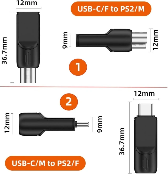 Alt view image 7 of 7 - Cablecc 4pcs/lot Type-A Type-C USB 2.0 USB-C to 6Pin PS2 Keyboard PS/2 Mouse Male to Female Adapter Mini-Din