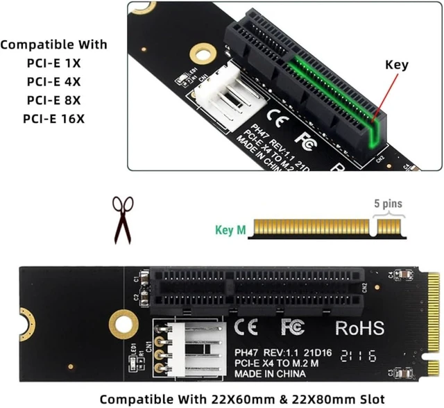 Alt view image 3 of 7 - cablecc PCI-E 4.0 NVMe M-Key M.2 NGFF Extender to PCI-E X1 X4 X8 X16 Graphics Card Riser Adapter PCI-Express for M2 2260 2280