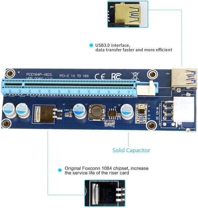 Alt view image 3 of 7 - cablecc PCI-E 1x to 16x Mining Machine Enhanced Extender Riser Adapter with USB 3.0 & SATA Power Cable