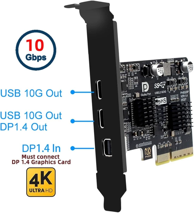 Alt view image 7 of 7 - Cablecc Mini Displayport 1.4 Input PCI-E Express 4X to Dual USB 3.1 Type-C USB-C 10Gbps & 4K 60hz Output Desktop Graphics Expansion Card Adapter ASM3142