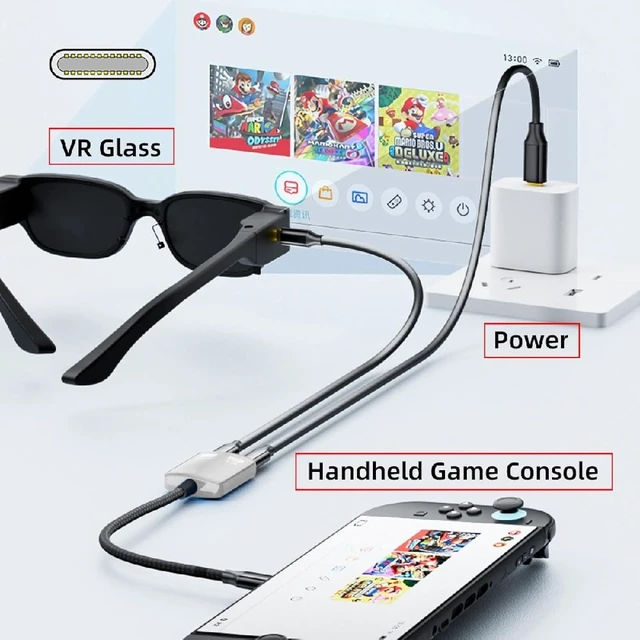 Alt view image 3 of 7 - cablecc 2 in 1 AR Glass Adapter 3.94 Inch,USB C 1 to 2 Data Charging Splitter Support USB 2.0/8K@60Hz PD100W Compatible with Switch/Steam Deck/Rog Ally/Phone/Tablet White