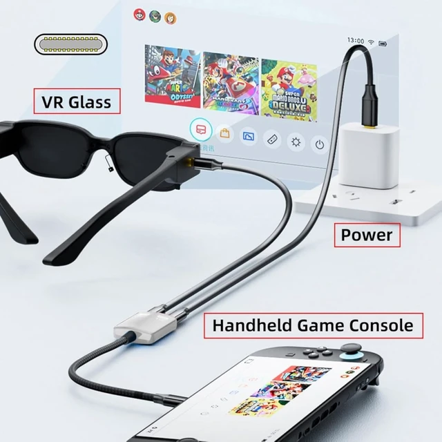 Alt view image 2 of 7 - chenyang 3.94 Inch AR Glass 2 in 1 Adapter,USB C 1 to 2 Data Charging Splitter Support USB 2.0/8K@60Hz PD100W Compatible with Switch/Steam Deck/Rog Ally/Phone/Tablet White