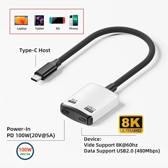 Alt view image 6 of 7 - chenyang 3.94 Inch AR Glass 2 in 1 Adapter,USB C 1 to 2 Data Charging Splitter Support USB 2.0/8K@60Hz PD100W Compatible with Switch/Steam Deck/Rog Ally/Phone/Tablet White