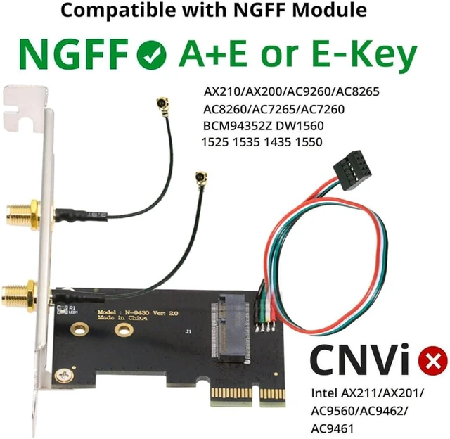 Main image of ChenYang PCI-E X1 to NGFF A+E/E-Key Wireless Network Card PCI Express Expansion Card Adapter with Dual Antenna for Wifi5 Wifi6 Wifi6E,Bluetooth 5.3(USB Port),Supports Windows 11/10