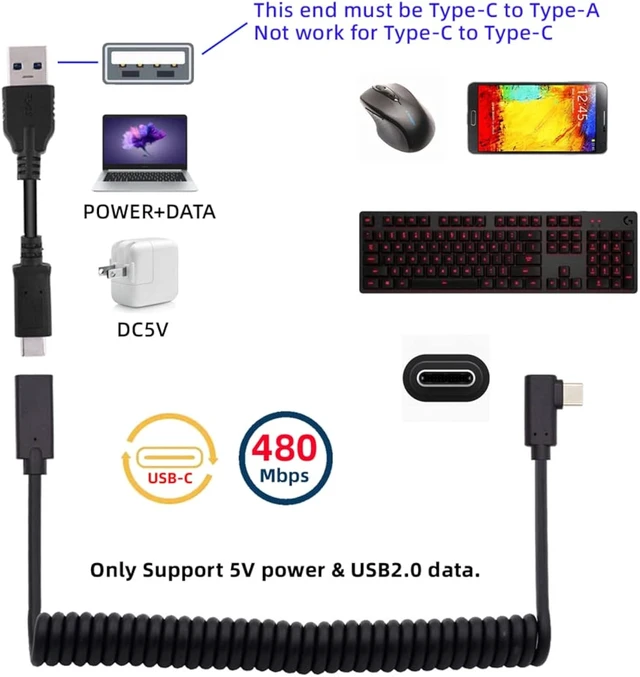 Alt view image 6 of 7 - cablecc USB-C Keyboard Mouse Stretch Coiled Cable for Gaming Keyboard Type-C Male to Female Extension Power & Data Cable