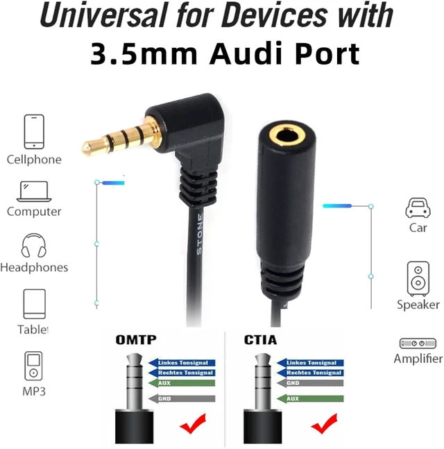 Alt view image 3 of 7 - Cablecc 1Set 3/4 Poles Audio Stereo 90 Degree Right Angled 3.5mm Male to Female Extension Cable